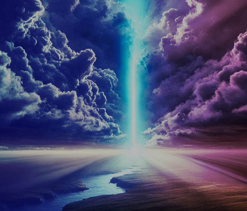 Bright light piercing through dramatic purple and blue storm clouds.
