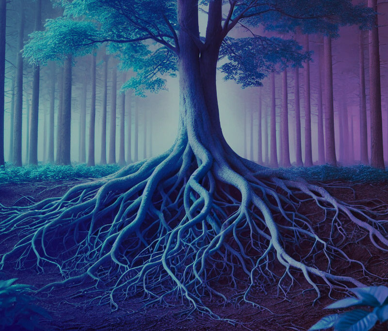 A large tree with exposed roots in a serene forest.