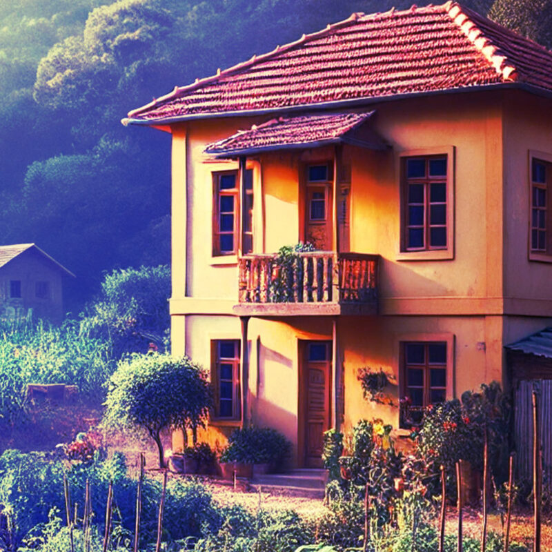 An illustration of a house that is on the cover of the book "The Yellow House - Self-Help Fantasy for the Chronically Lost."